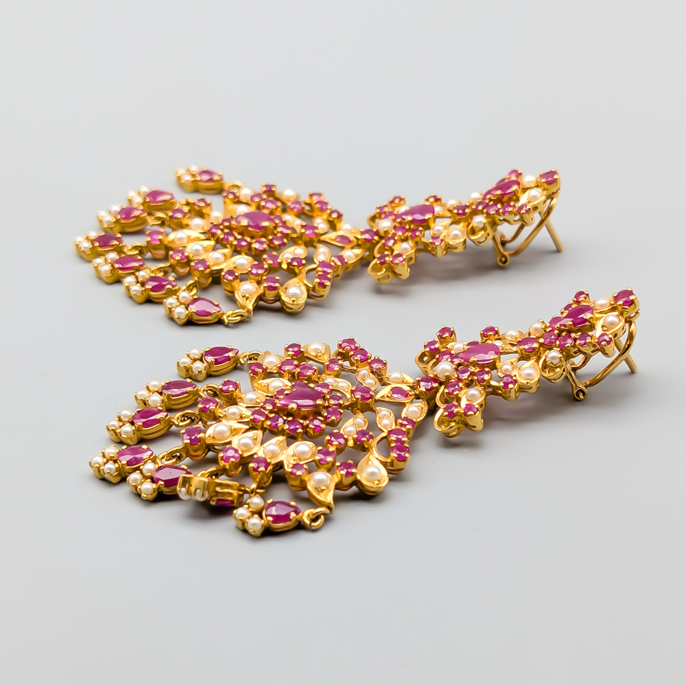 Earrings in Gold with Rubies and Pearls 22K 39.28g 82mm - Image 2