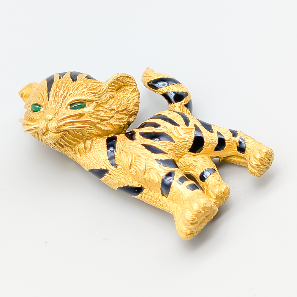 Brooch in Gold Tiger with Enamel and Green Stones 18K 36.63g 55mm - Image 2