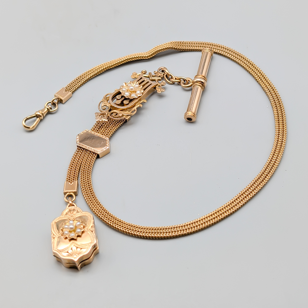 Watchlänk in Gold with Pearls and Medalong 14K 29.7g 33.5cm