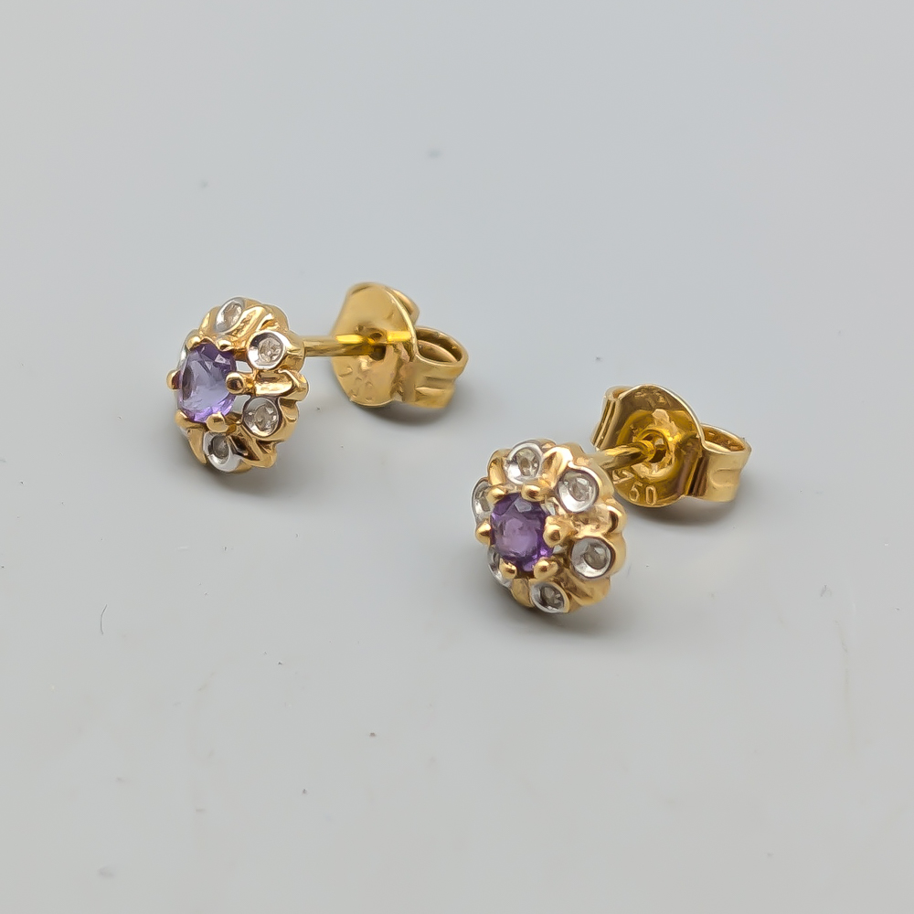 Diamond Earrings in Gold with Ametister 18K 1.67g 7mm - Image 2