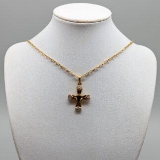 51.5cm Cable Chain in Multicolored Gold with Pendant Cross with Diamonds and Sapphire 18K 19.84g