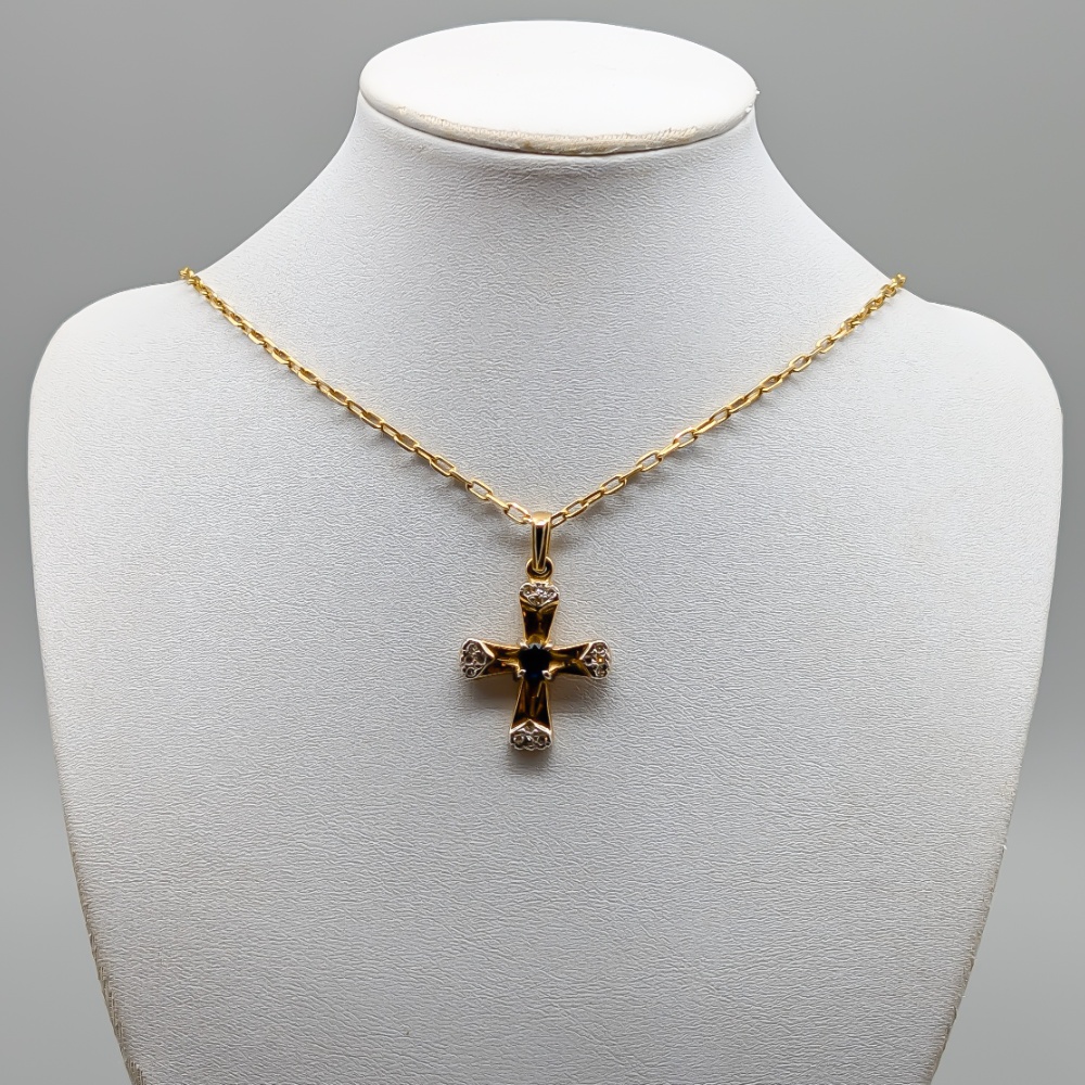 51.5cm Cable Chain in Multicolored Gold with Pendant Cross with Diamonds and Sapphire 18K 19.84g