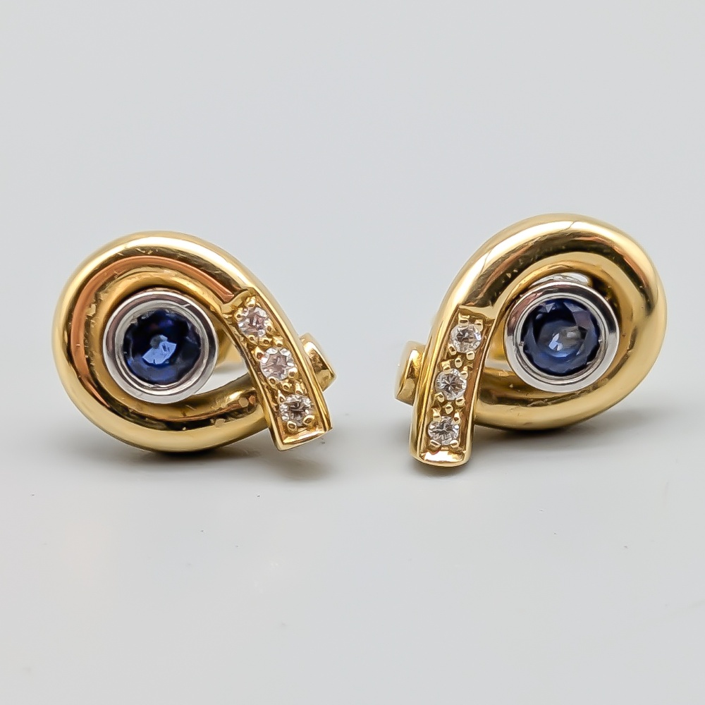 Diamond Earrings in Gold with Blue Stones 18K 5.71g 13mm