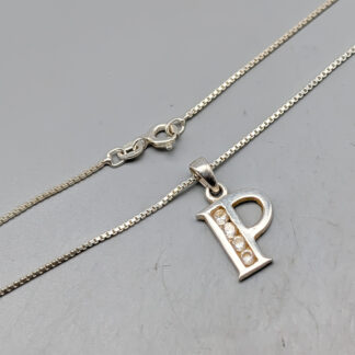 42.5cm Box Chain in Silver with Pendant Letter P with White Stones S925 4.73g