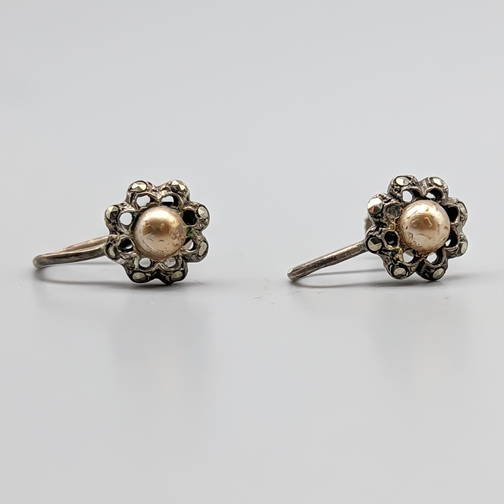 Clips in Silver with Marcasites and Faux Pearls S925 2.32g 10mm
