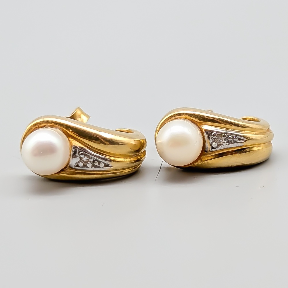 Diamond Earrings in Multicolored Gold with Cultured Pearls 18K 5.14g 15mm