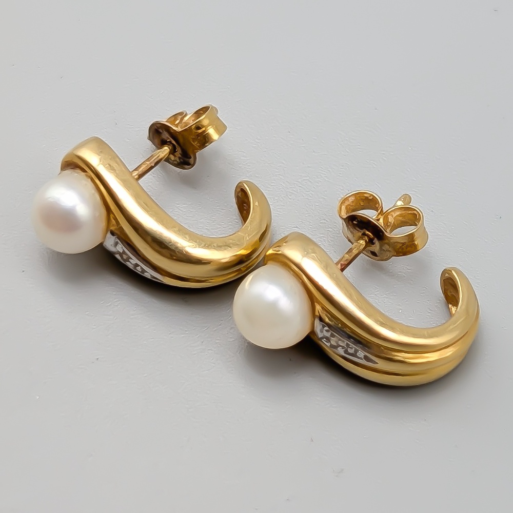 Diamond Earrings in Multicolored Gold with Cultured Pearls 18K 5.14g 15mm - Image 2