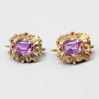 Earrings in Gold with Purple Stones 14K 7.99g 24mm