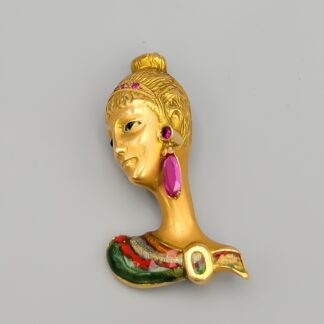 Brooch in Gold with Pink Stones and Enamel Kvinna 18K 6.74g 35mm