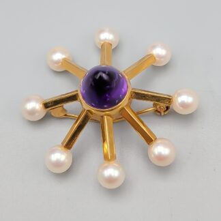Stigbert Brooch in Gold with Amethyst and Cultured Pearls 18K 7.25g 39mm